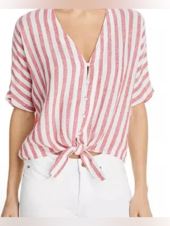 Rails Tops - Rails Red and White Striped Linen Blend Button-Front Tie Hem Blouse - Size M